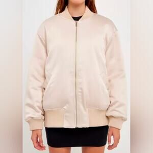 Grey Lab Women's Unisex Oversized Cream Satin Bomber Jacket, size XS